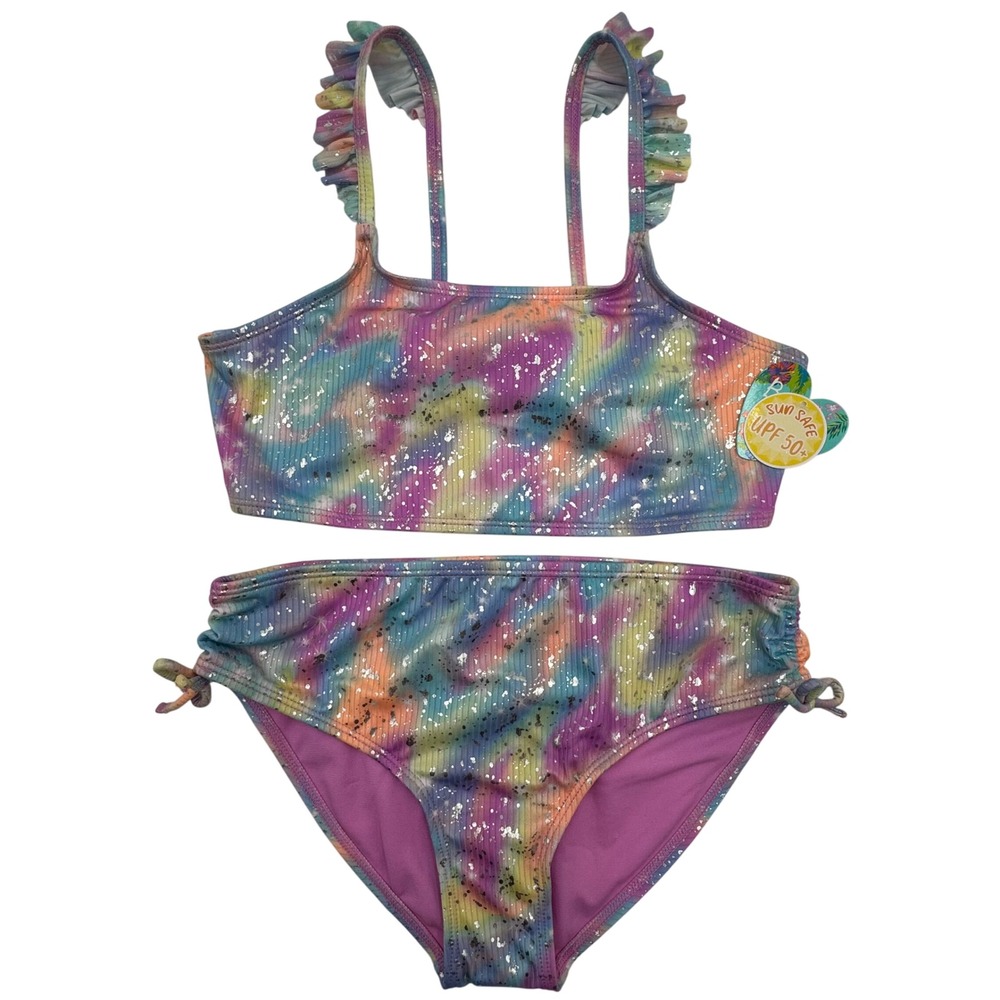 Breaking Waves 2-Piece Swimsuit UPF 50+ Rainbow Tie Dye Ruffle Strap Girls 16